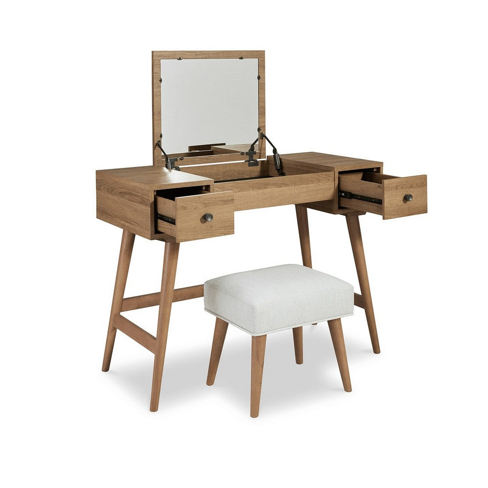 Thio 2pc Vanity Desk Set with Stool, 2 Drawers Brown Minimalist Design -BM332803