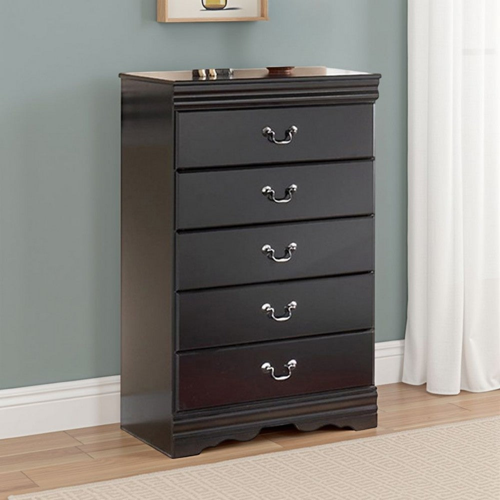 Yara Tall Dresser Chest, Classic Black, 5 Drawers Pewter Metal Handles -BM332828