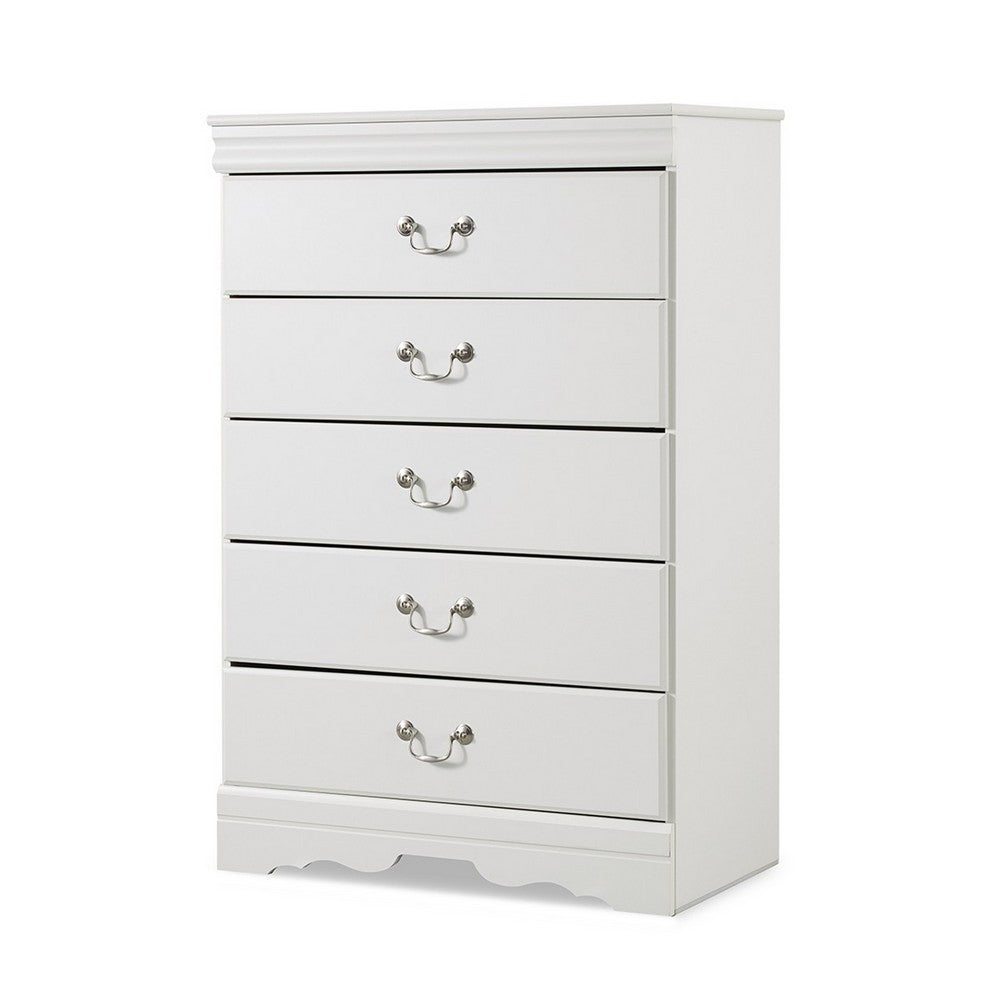 Roso Tall Dresser Chest, Classic White, 5 Drawers Pewter Metal Handles -BM332831