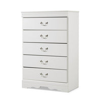 Roso Tall Dresser Chest, Classic White, 5 Drawers Pewter Metal Handles -BM332831