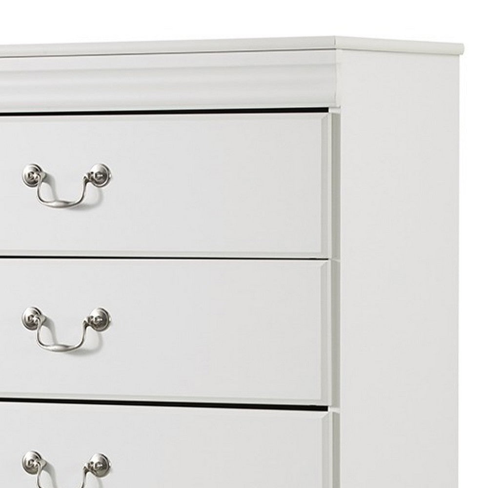 Roso Tall Dresser Chest, Classic White, 5 Drawers Pewter Metal Handles -BM332831