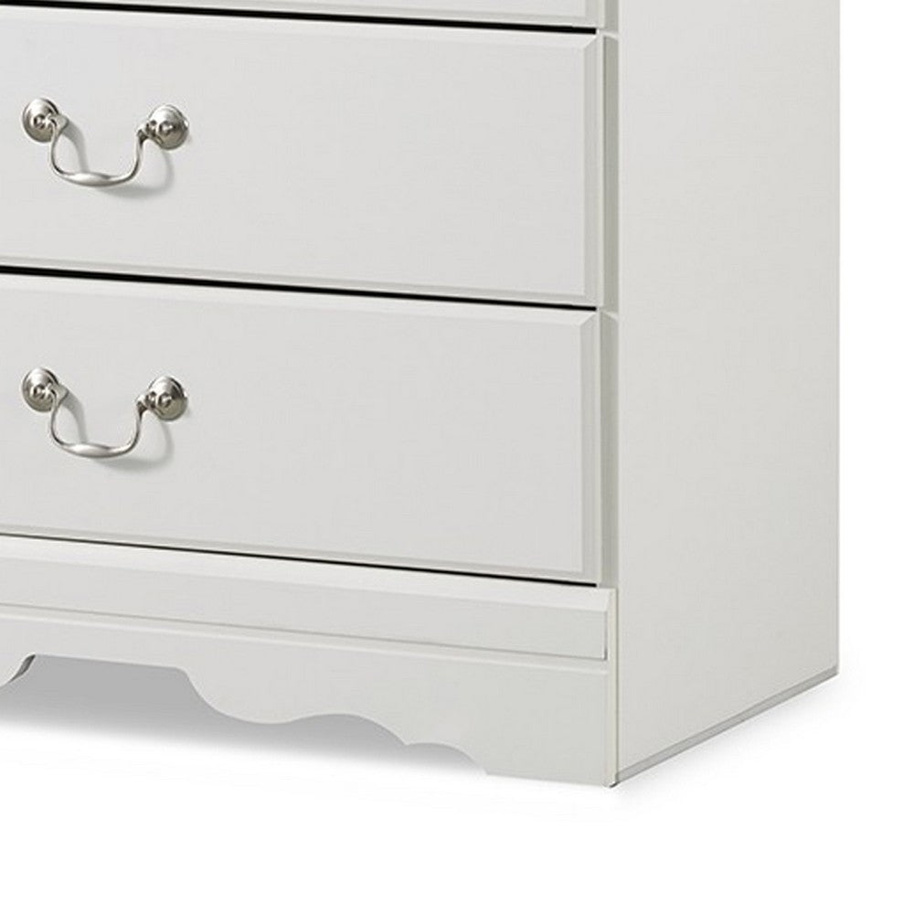 Roso Tall Dresser Chest, Classic White, 5 Drawers Pewter Metal Handles -BM332831