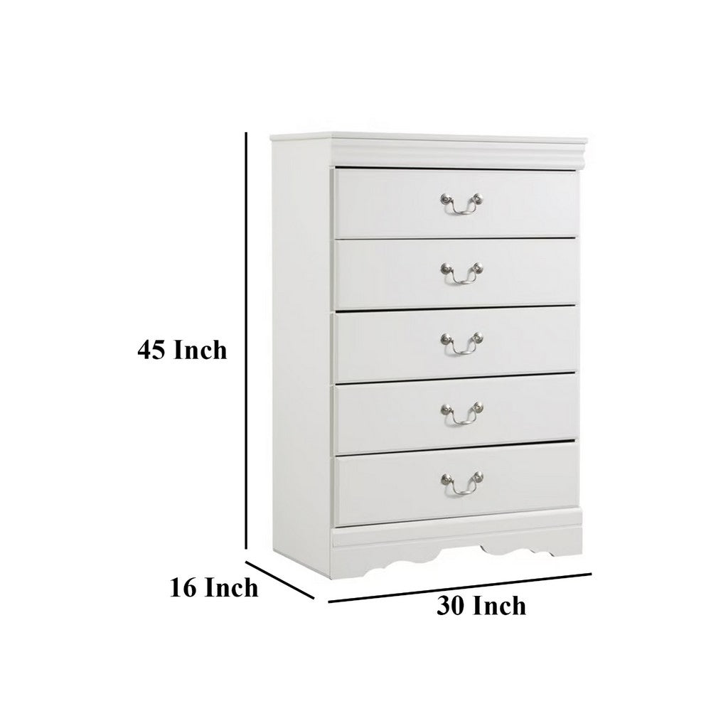 Roso Tall Dresser Chest, Classic White, 5 Drawers Pewter Metal Handles -BM332831