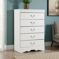 Roso Tall Dresser Chest, Classic White, 5 Drawers Pewter Metal Handles -BM332831