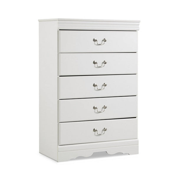 Roso Tall Dresser Chest, Classic White, 5 Drawers Pewter Metal Handles -BM332831