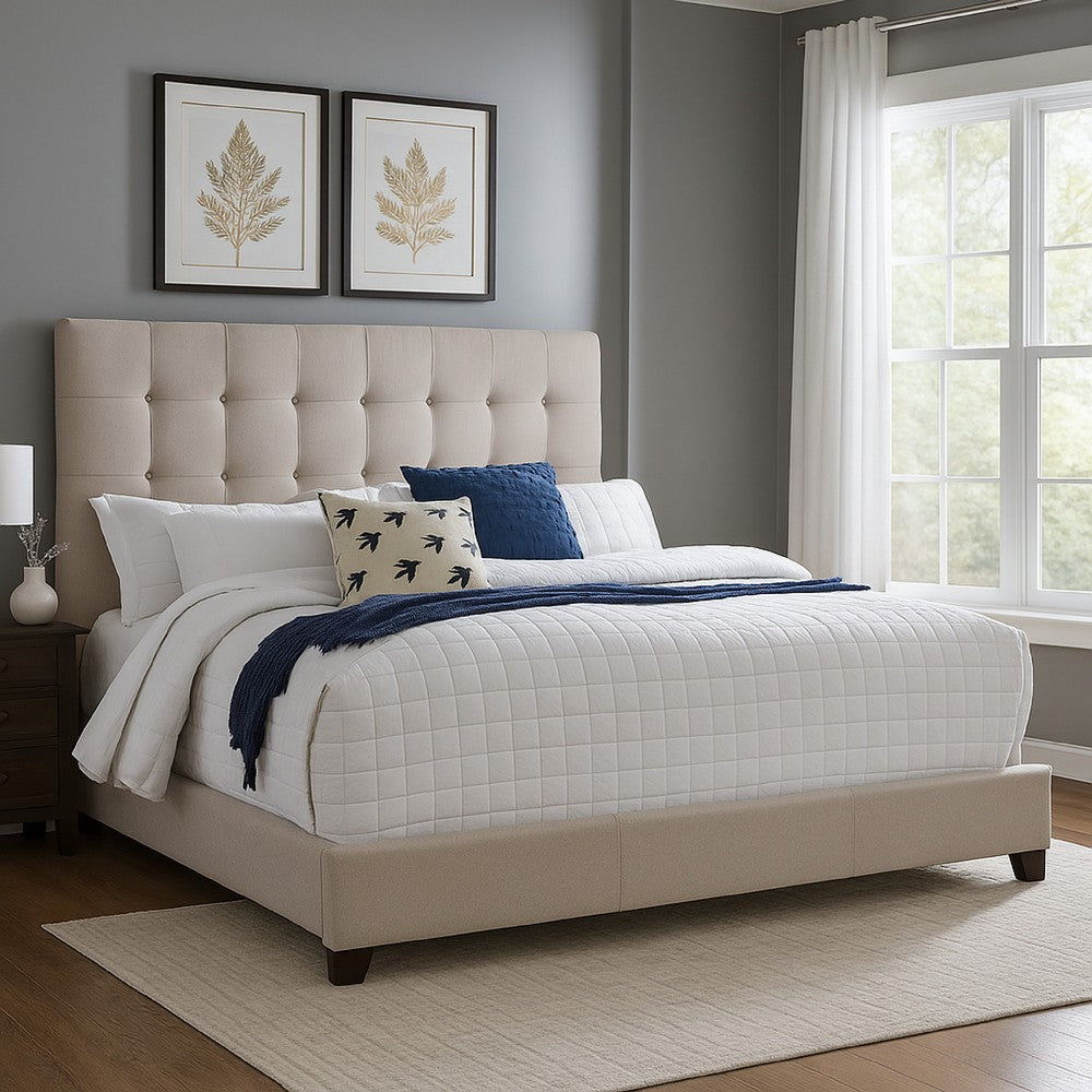Leji Queen Bed, Button Tufted Beige Polyester Headboard, Low Profile -BM332836