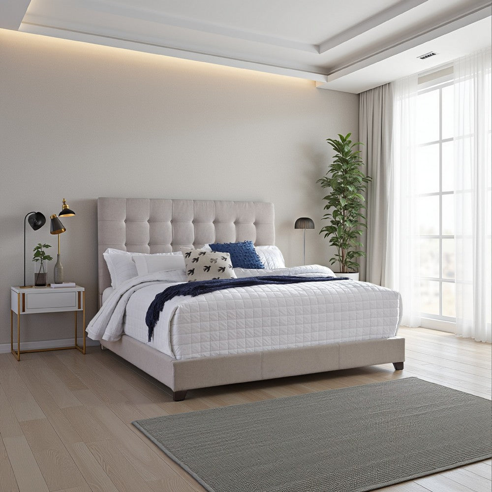 Leji Queen Bed, Button Tufted Beige Polyester Headboard, Low Profile -BM332836