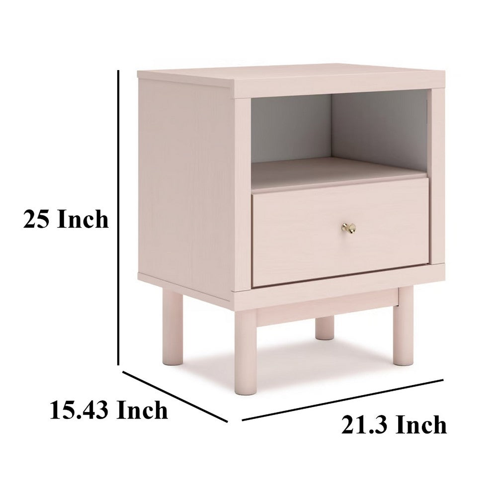 Viso Nightstand, 25 Inch, 1 Drawer, Champagne, Retro Blush Pink Finish -BM332839