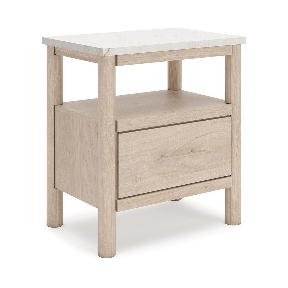 Mooran Nightstand, 1 Drawer w USB-C, Marble Finish Top, Brown Beige -BM332844