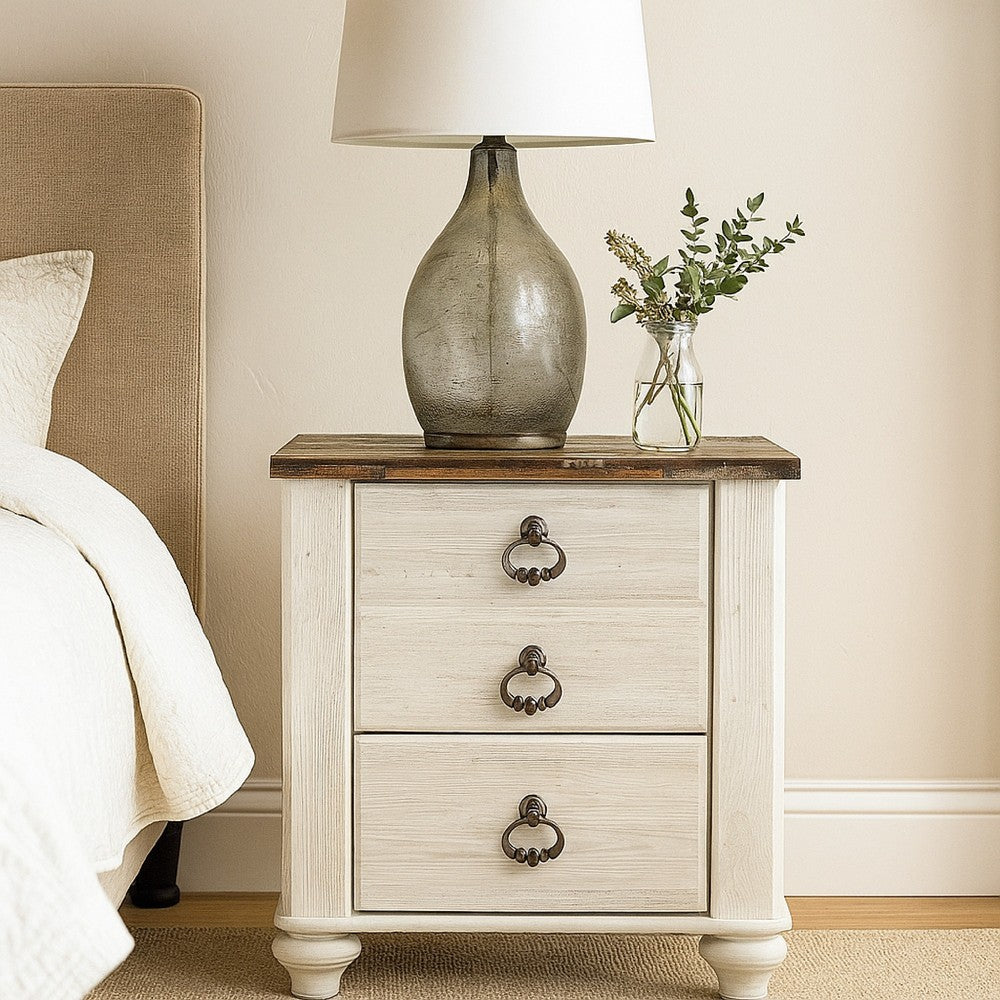Isla Nightstand, 2 Drawers, 2 USB, Brown Wood Top, Rustic Whitewash -BM332851