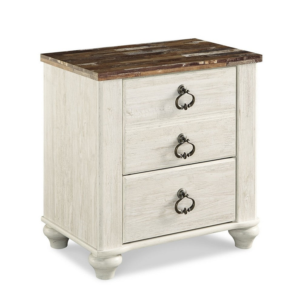 Isla Nightstand, 2 Drawers, 2 USB, Brown Wood Top, Rustic Whitewash -BM332851