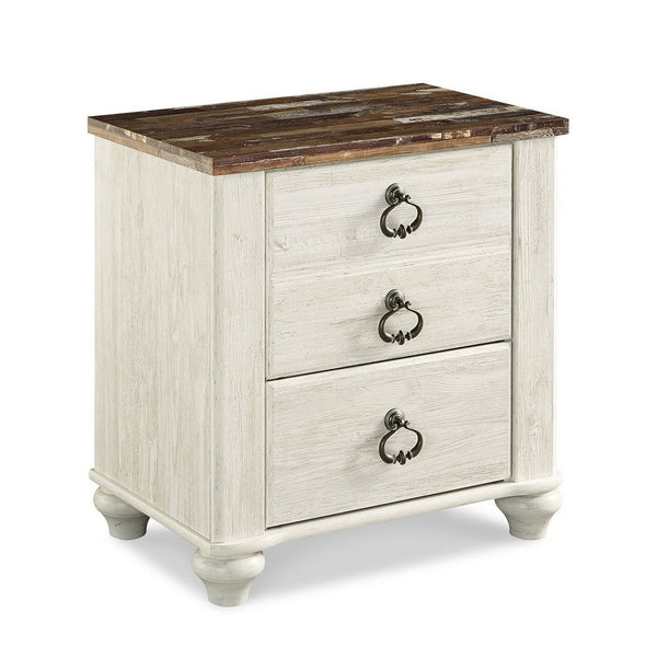 Isla Nightstand, 2 Drawers, 2 USB, Brown Wood Top, Rustic Whitewash -BM332851