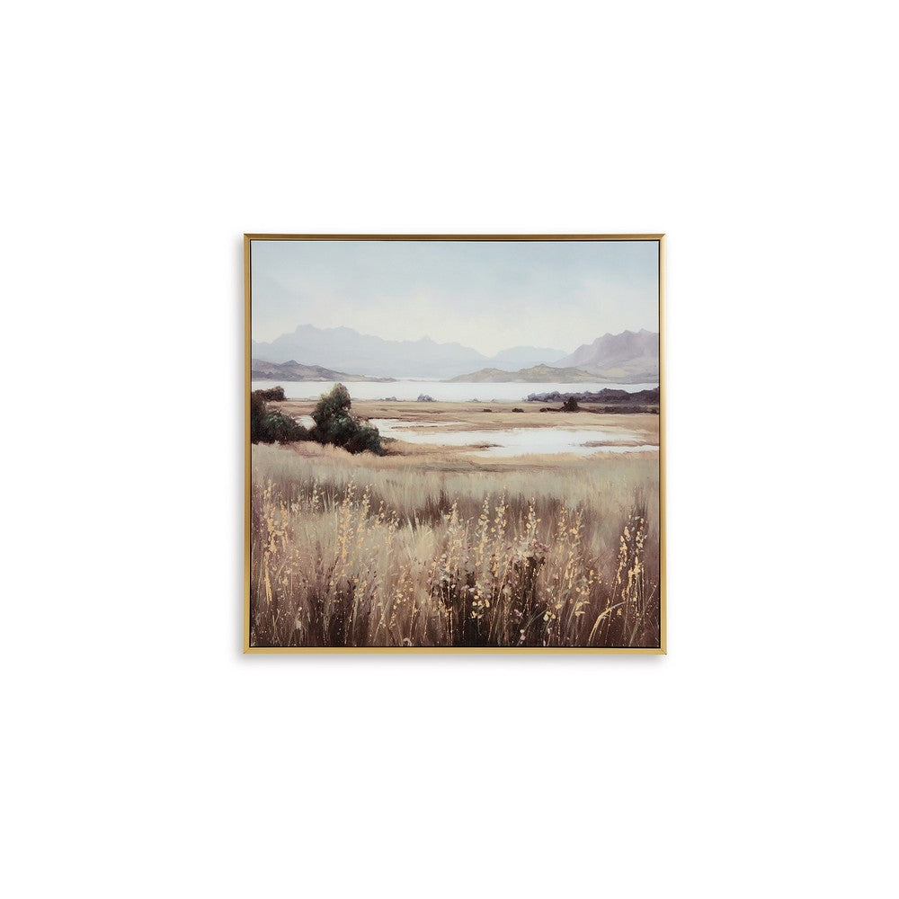 Framed Wall Art, 40x40 Painted Canvas, Lakeside Mountain Landscape -BM332859