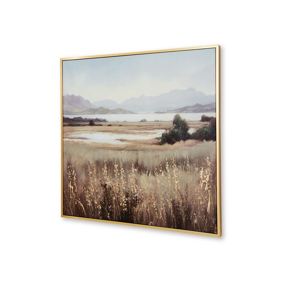Benzara Framed Wall Art, 40x40 Painted Canvas, Lakeside Mountain