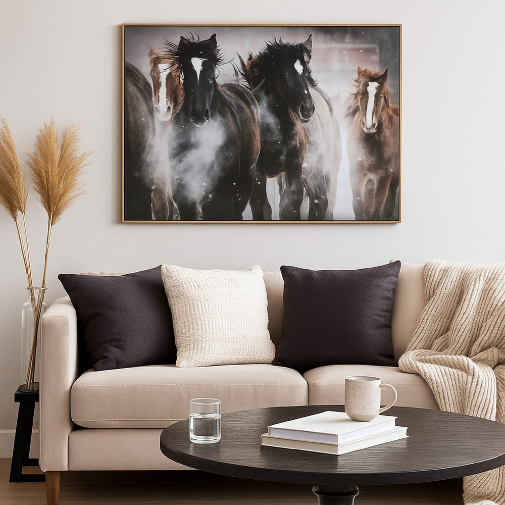 Hose Wall Art, 36x48 Painted Canvas, Brown Black White Running Horses -BM332882