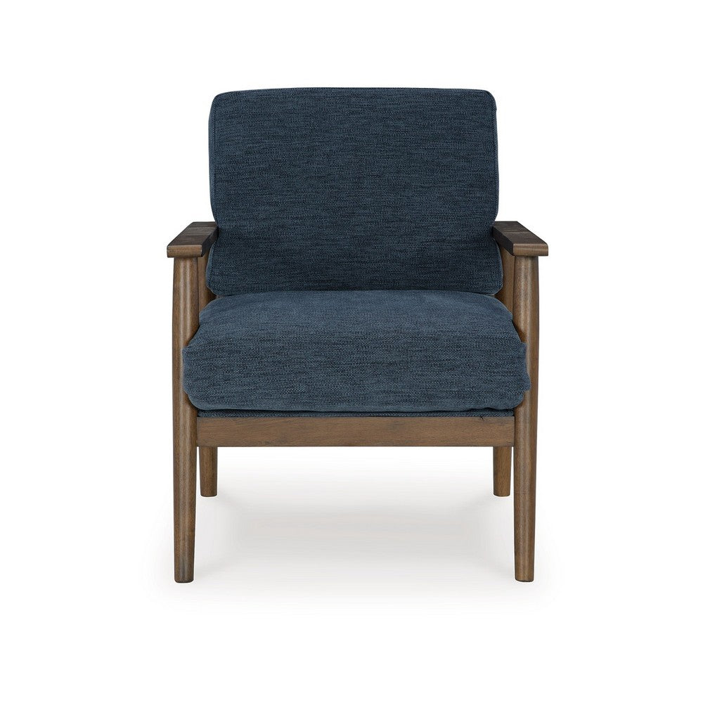 Bixy Accent Chair, 31 Inch, Brown Wood Armrests, Dark Blue Polyester -BM332923