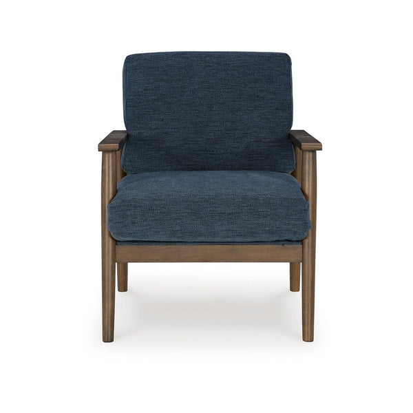 Bixy Accent Chair, 31 Inch, Brown Wood Armrests, Dark Blue Polyester -BM332923