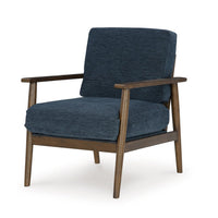 Bixy Accent Chair, 31 Inch, Brown Wood Armrests, Dark Blue Polyester -BM332923