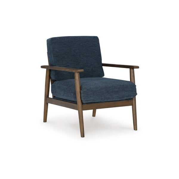 Bixy Accent Chair, 31 Inch, Brown Wood Armrests, Dark Blue Polyester -BM332923