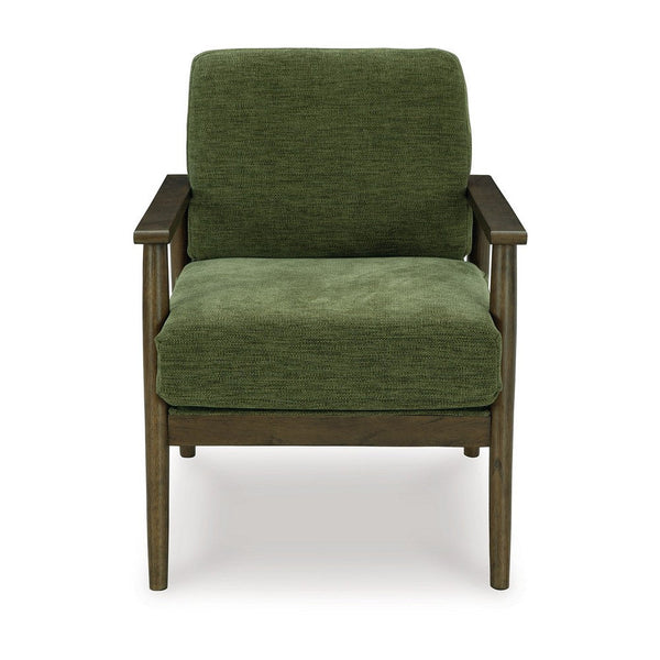 Bixy Accent Chair, 31 Inch, Brown Wood Armrests, Dark Green Polyester -BM332925
