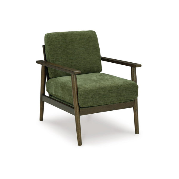 Bixy Accent Chair, 31 Inch, Brown Wood Armrests, Dark Green Polyester -BM332925