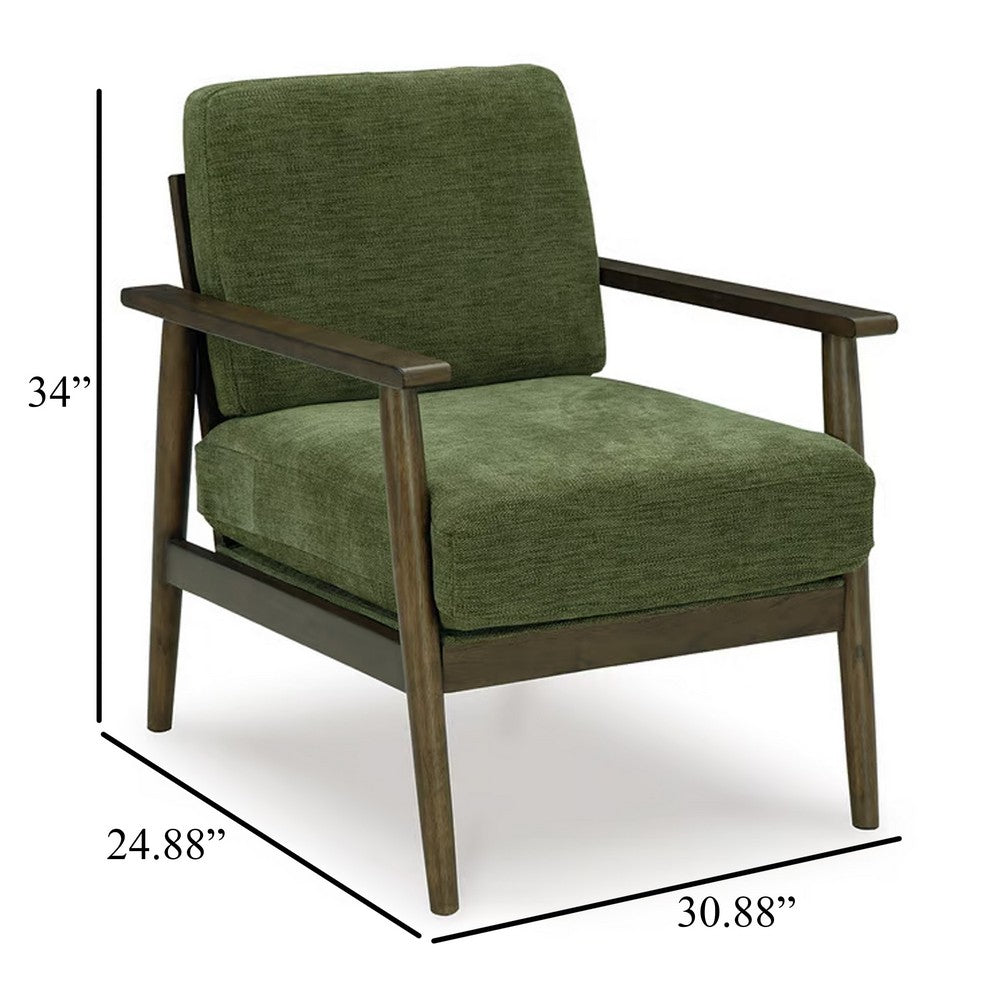 Bixy Accent Chair, 31 Inch, Brown Wood Armrests, Dark Green Polyester -BM332925