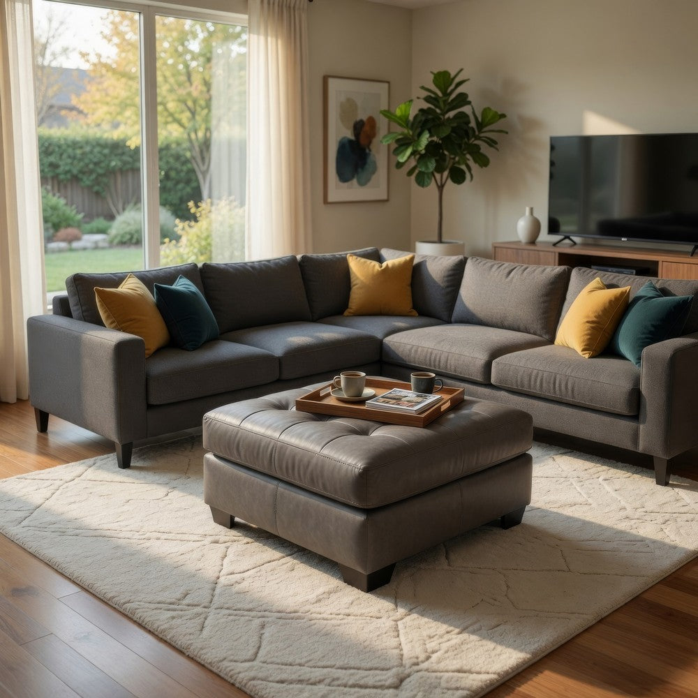 Lairi Accent Ottoman, 36 Inch Square, Button Tufted Gray Faux Leather -BM332959