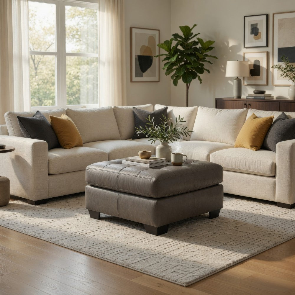 Lairi Accent Ottoman, 36 Inch Square, Button Tufted Gray Faux Leather -BM332959