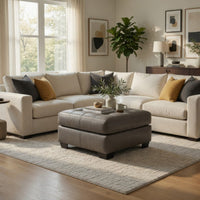 Lairi Accent Ottoman, 36 Inch Square, Button Tufted Gray Faux Leather -BM332959