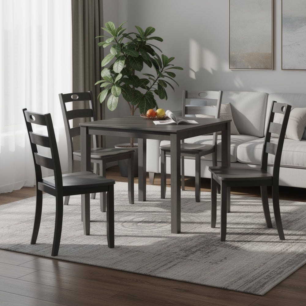 Lasie 5pc Dining Table Set, Square Top, Farmhouse Gray, 4 Slat Chairs - BM332979