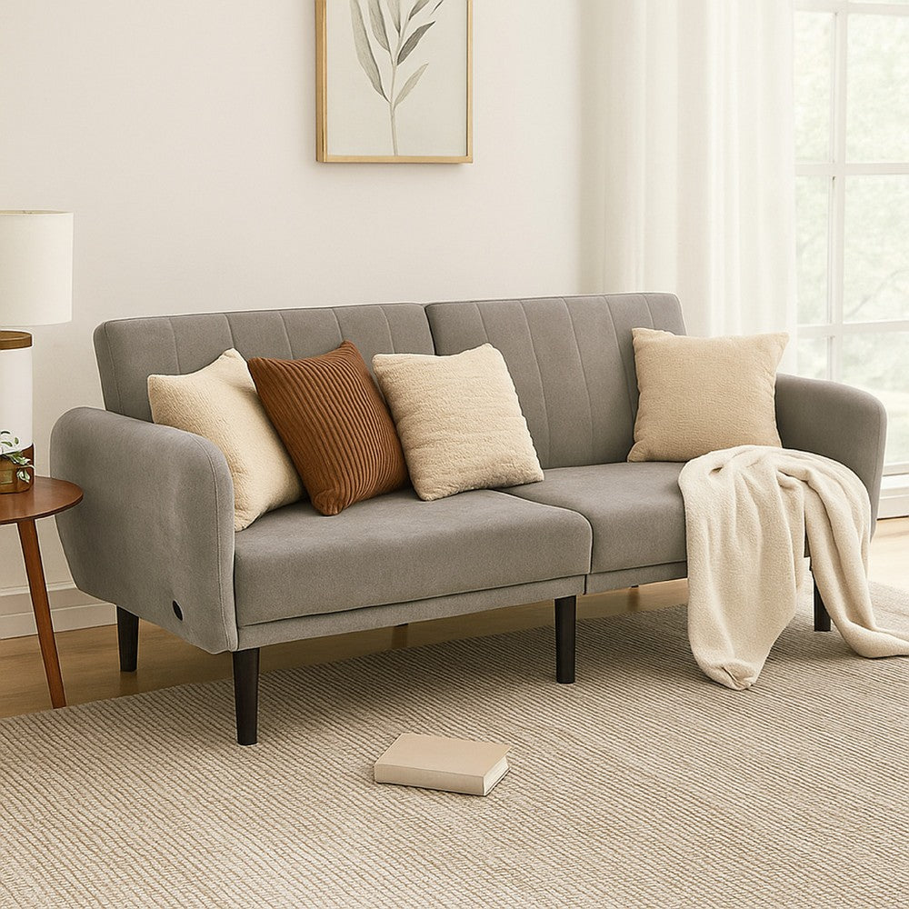 Arz Fold Out Futon Sofa Bed, Light Gray, Retro Channel Tufted Back -BM332988