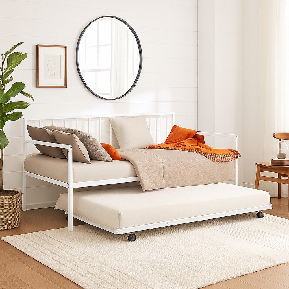 Ham Daybed with Pull Out Trundle, White Slatted Open Metal Frame -BM332993