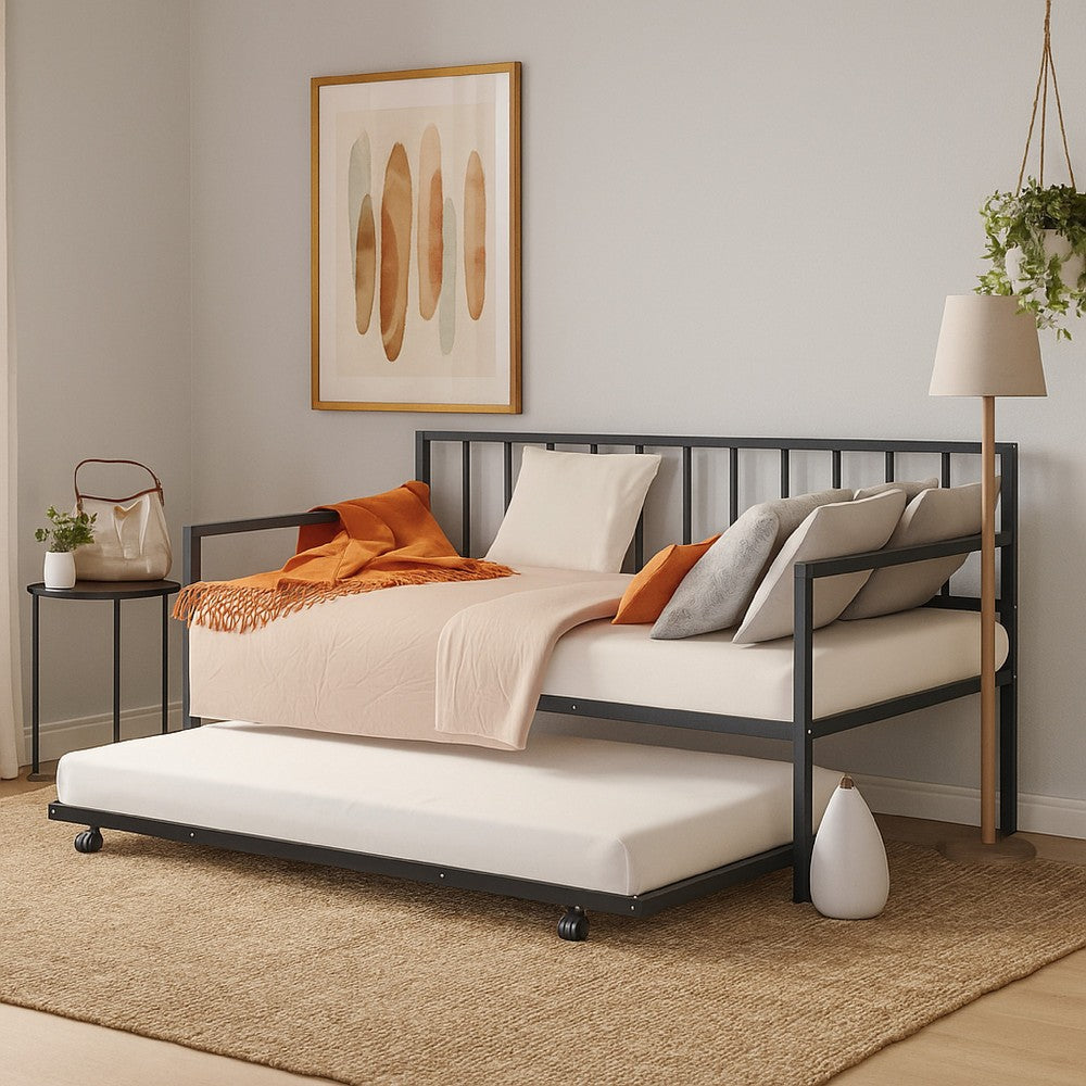 Ham Daybed with Pull Out Trundle, Black Slatted Open Metal Frame -BM332994