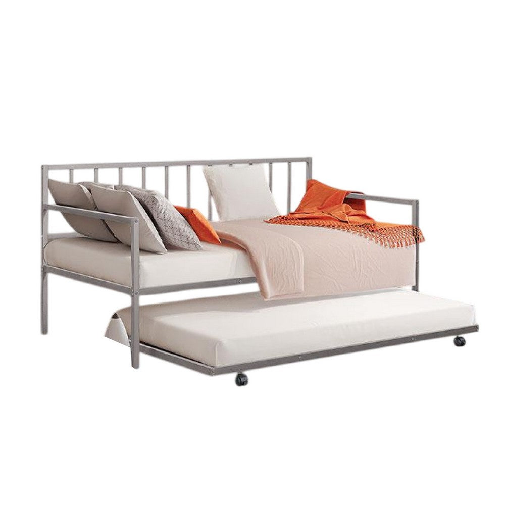Ham Daybed with Pull Out Trundle, Silver Slatted Open Metal Frame -BM332995