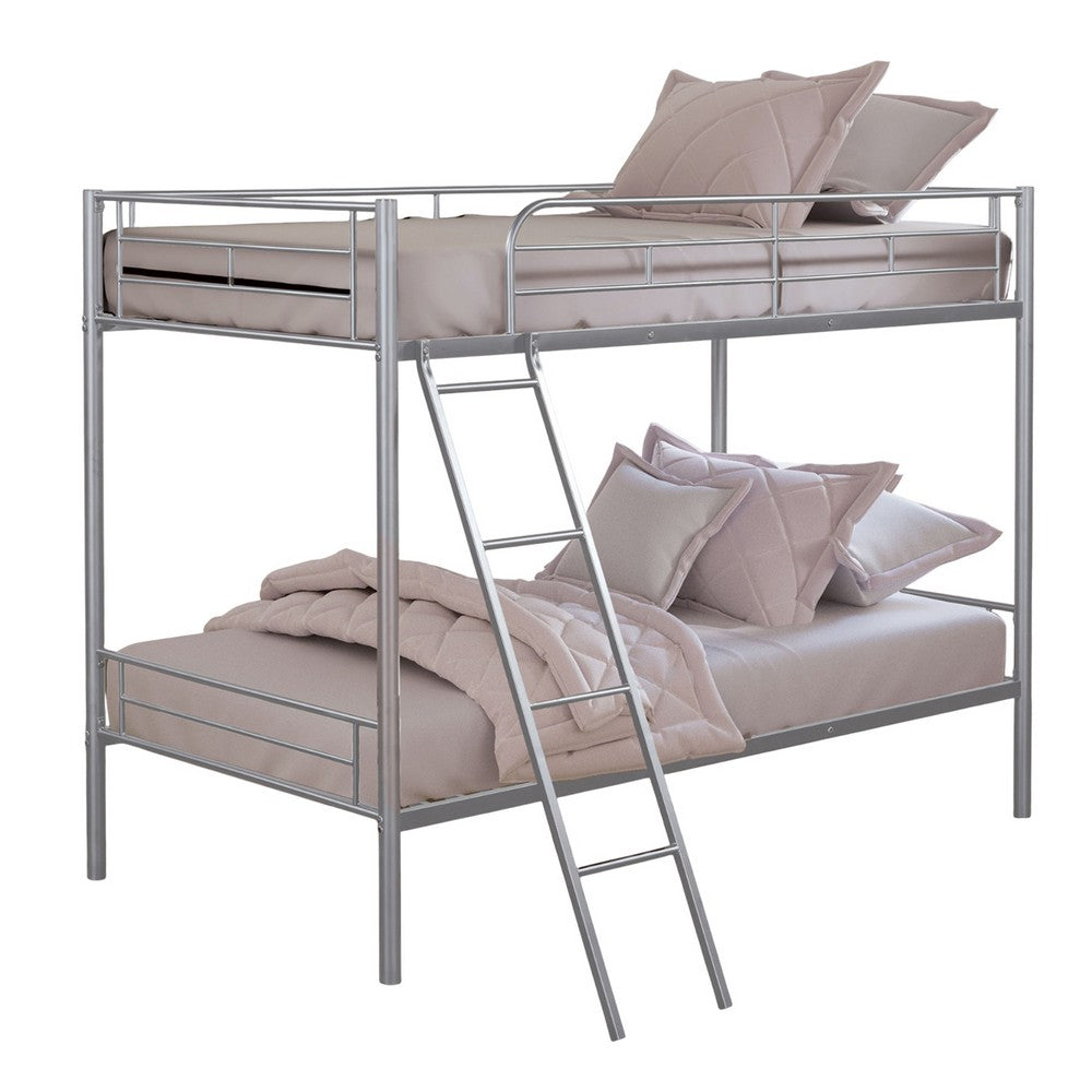Cet Twin Over Twin Bunk Bed, Silver Metal Frame, Attached Ladder -BM332997