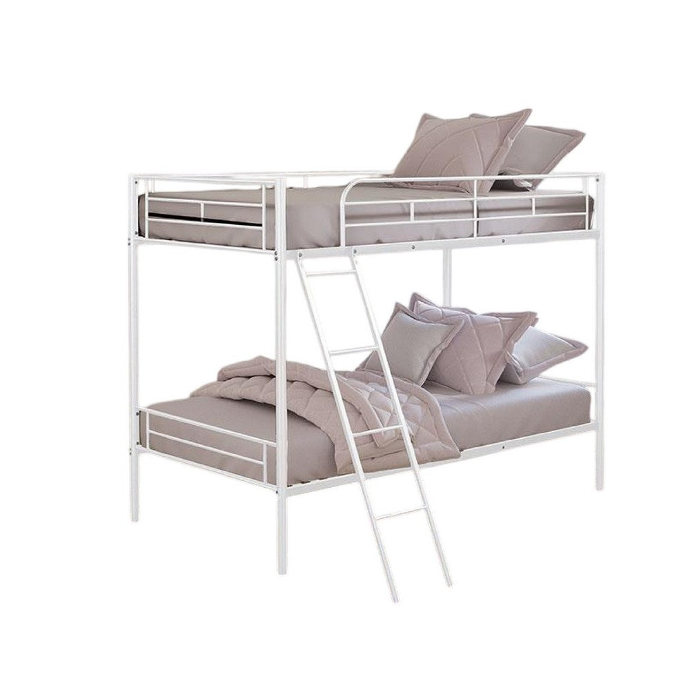 Cet Twin Over Twin Bunk Bed, White Metal Frame, Attached Angled Ladder -BM332998