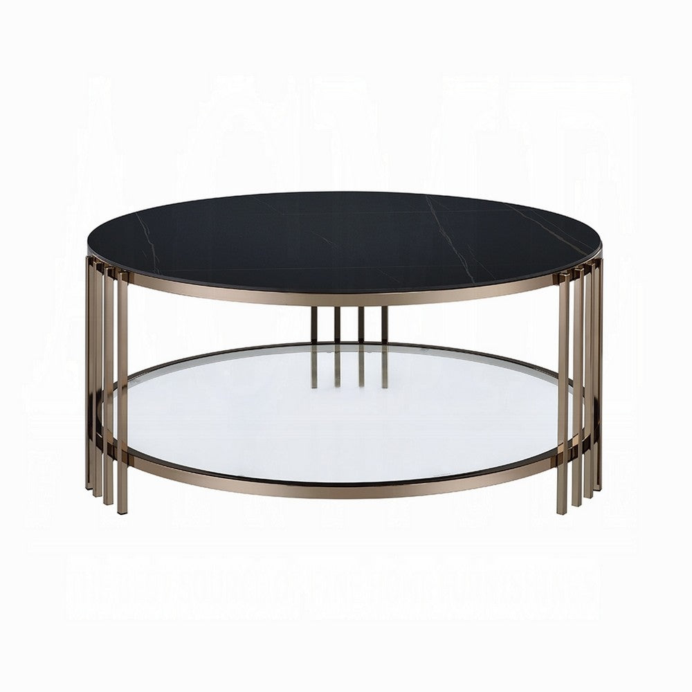 Abio Coffee Table, 35 Inch, Round Sintered Stone Top, Black and Gold -BM333068
