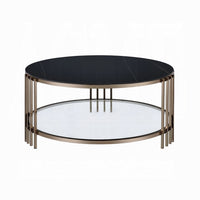 Abio Coffee Table, 35 Inch, Round Sintered Stone Top, Black and Gold -BM333068