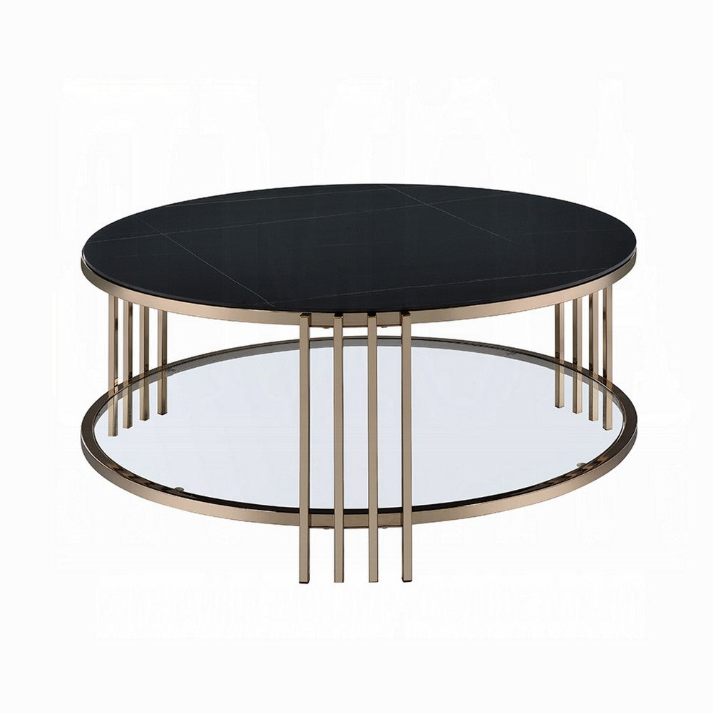 Abio Coffee Table, 35 Inch, Round Sintered Stone Top, Black and Gold -BM333068