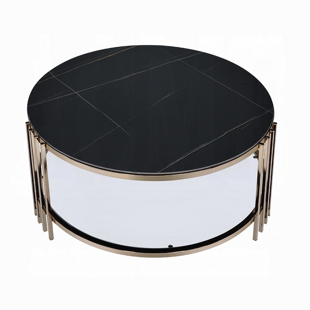 Abio Coffee Table, 35 Inch, Round Sintered Stone Top, Black and Gold -BM333068