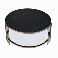 Abio Coffee Table, 35 Inch, Round Sintered Stone Top, Black and Gold -BM333068