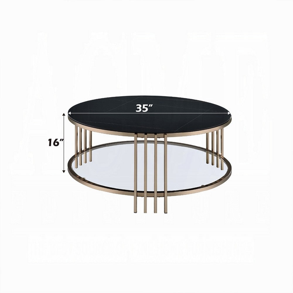 Abio Coffee Table, 35 Inch, Round Sintered Stone Top, Black and Gold -BM333068