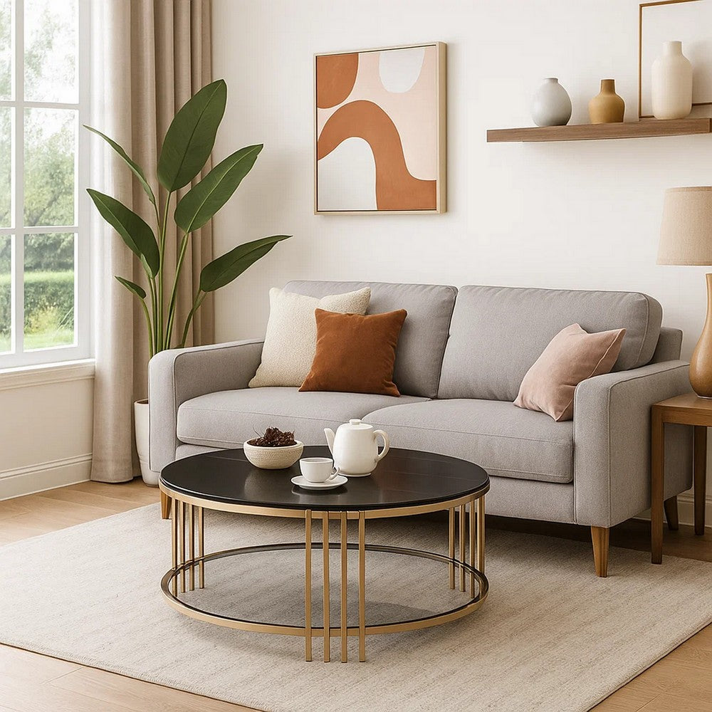 Abio Coffee Table, 35 Inch, Round Sintered Stone Top, Black and Gold -BM333068