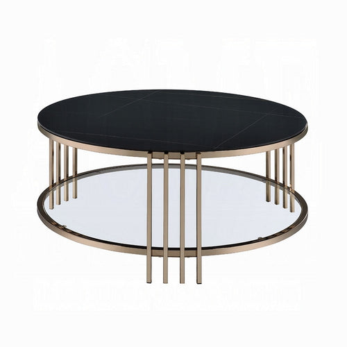 Abio Coffee Table, 35 Inch, Round Sintered Stone Top, Black and Gold -BM333068