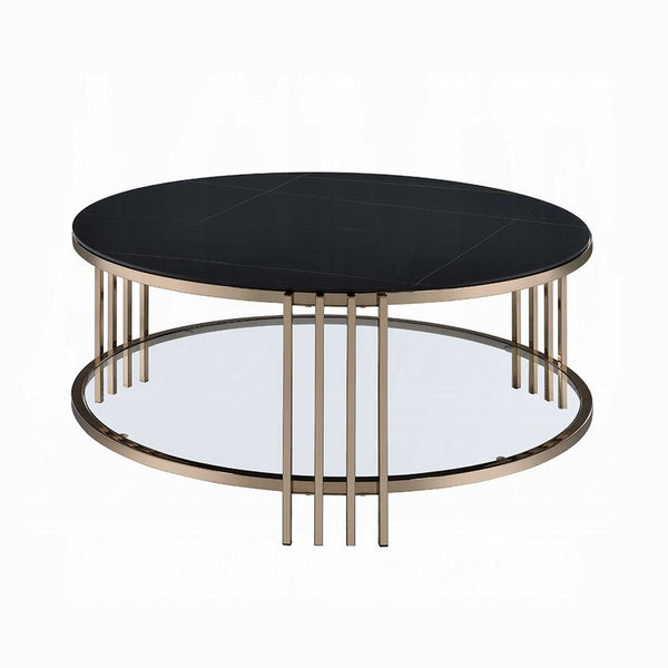 Abio Coffee Table, 35 Inch, Round Sintered Stone Top, Black and Gold -BM333068