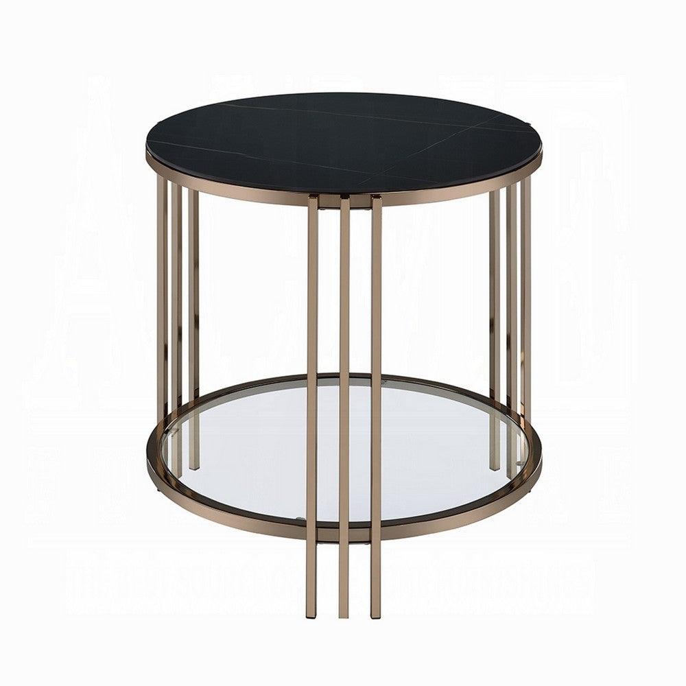 Abio Side End Table, 23 Inch, Round Sintered Stone Top, Black and Gold -BM333069