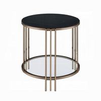 Abio Side End Table, 23 Inch, Round Sintered Stone Top, Black and Gold -BM333069
