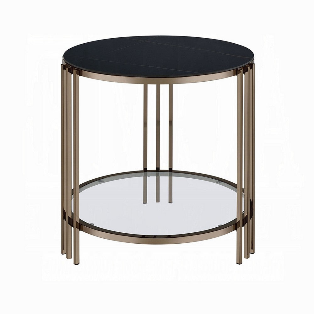 Abio Side End Table, 23 Inch, Round Sintered Stone Top, Black and Gold -BM333069