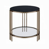 Abio Side End Table, 23 Inch, Round Sintered Stone Top, Black and Gold -BM333069