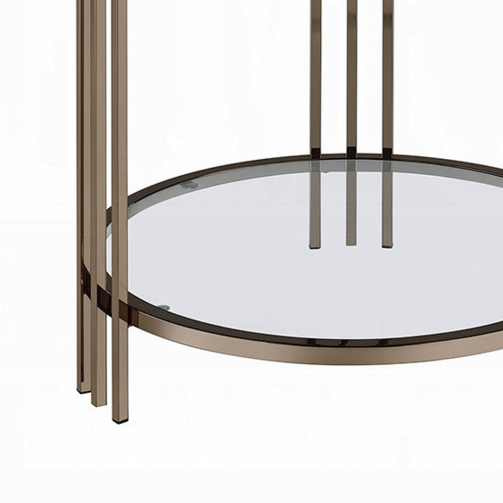 Abio Side End Table, 23 Inch, Round Sintered Stone Top, Black and Gold -BM333069